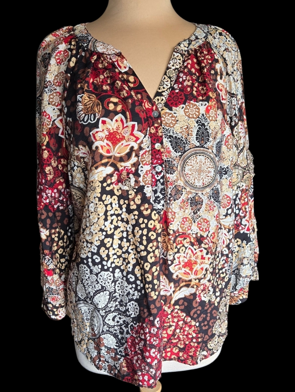 Ruby Rd. Boho Patchwork Tunic - Red, Black & Cream